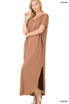 Tall woman with ponytail wearing Cocoacolored Maxi dress with slit down side from knee to ankles