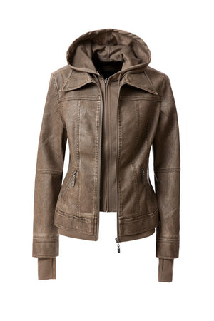 Women's Hood PU Leather Jacket