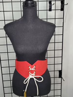 LCF RED Corset Belt Snap Closure White lace Up String