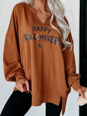 Sequin Letter Happy Halloween Graphic Notched Long Sleeve Sweatshirt