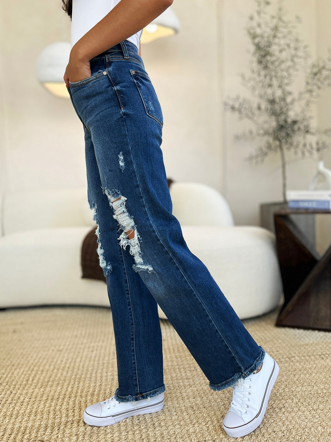 Judy Blue Full Size Mid Rise Distressed Raw Hem Jeans (PLUS SIZES)