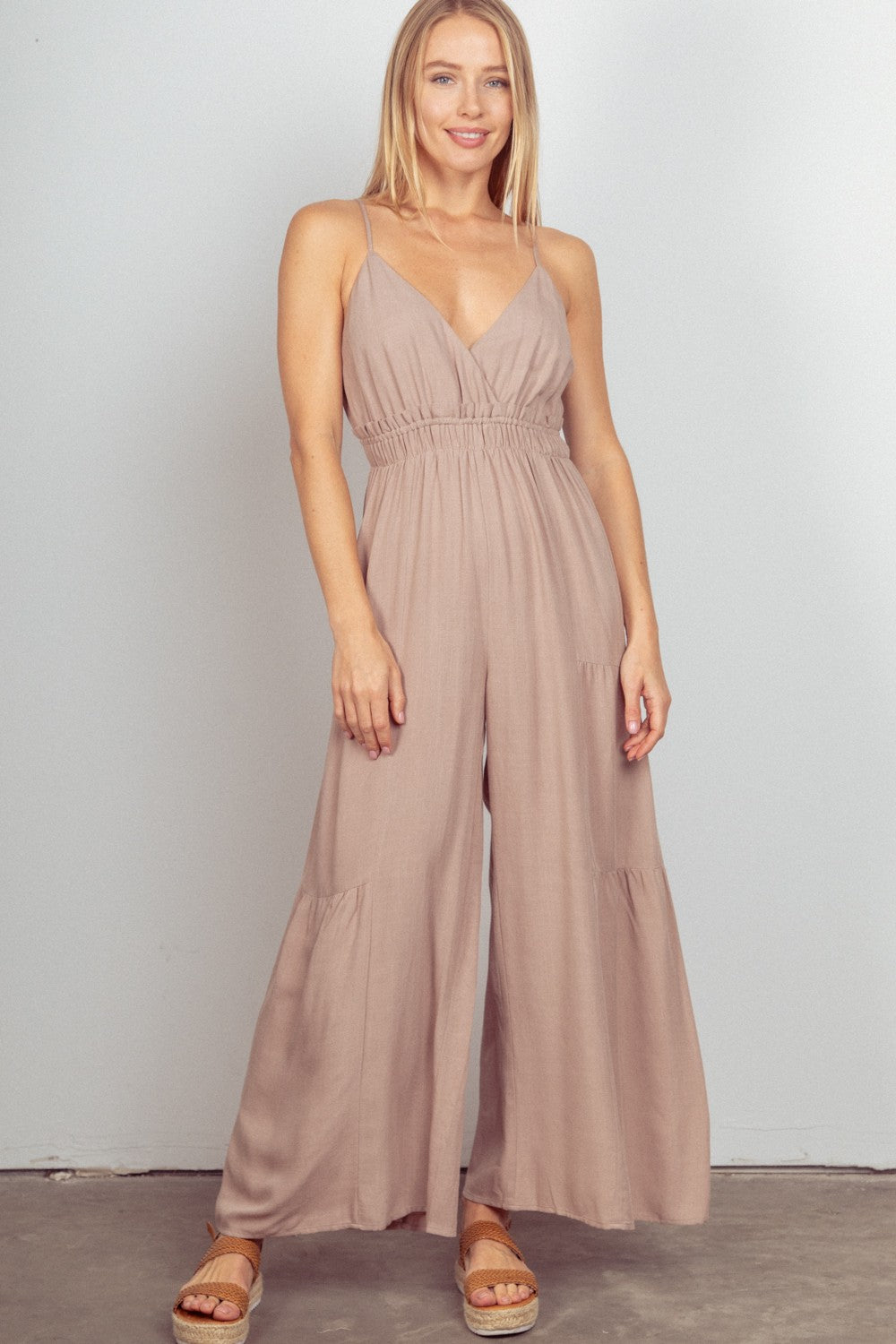 VERY J Sleeveless Ruched Wide Leg Jumpsuit – Chic & Comfortable One-Piece for Women