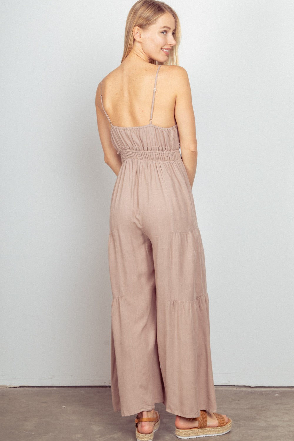 VERY J Sleeveless Ruched Wide Leg Jumpsuit – Chic & Comfortable One-Piece for Women