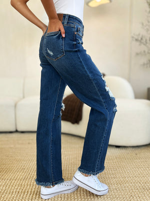 Judy Blue Full Size Mid Rise Distressed Raw Hem Jeans (PLUS SIZES)