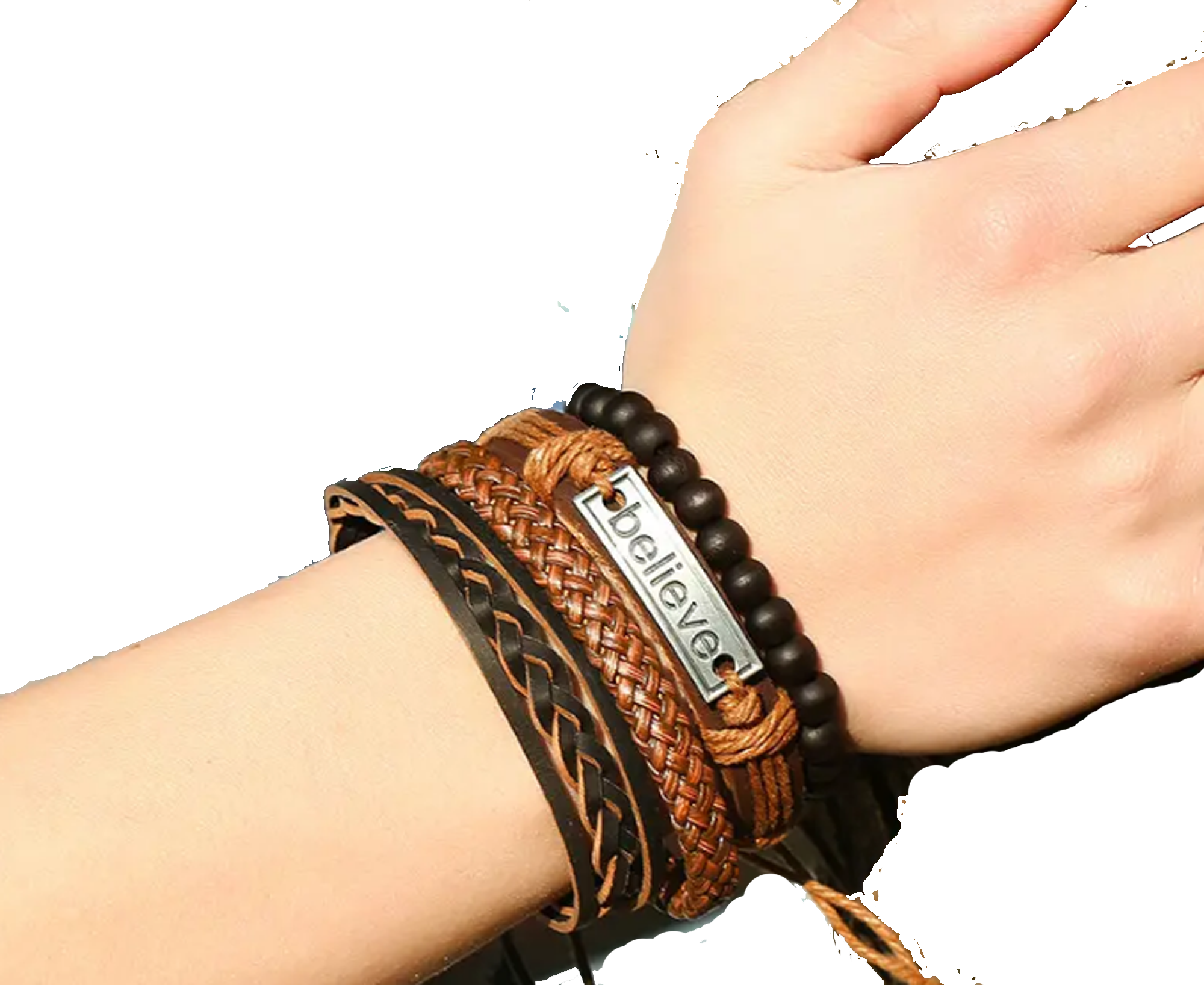 Positive Affirmation "Believe" Stacked Leather Woven Bracelets