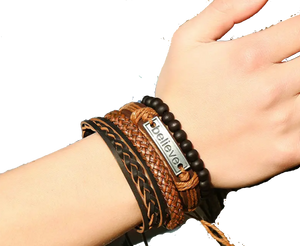 Positive Affirmation "Believe" Stacked Leather Woven Bracelets