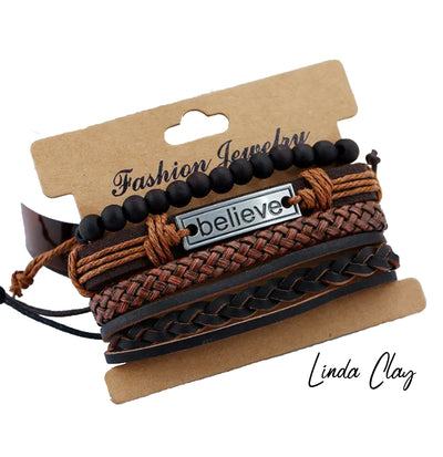 Positive Affirmation "Believe" Stacked Leather Woven Bracelets