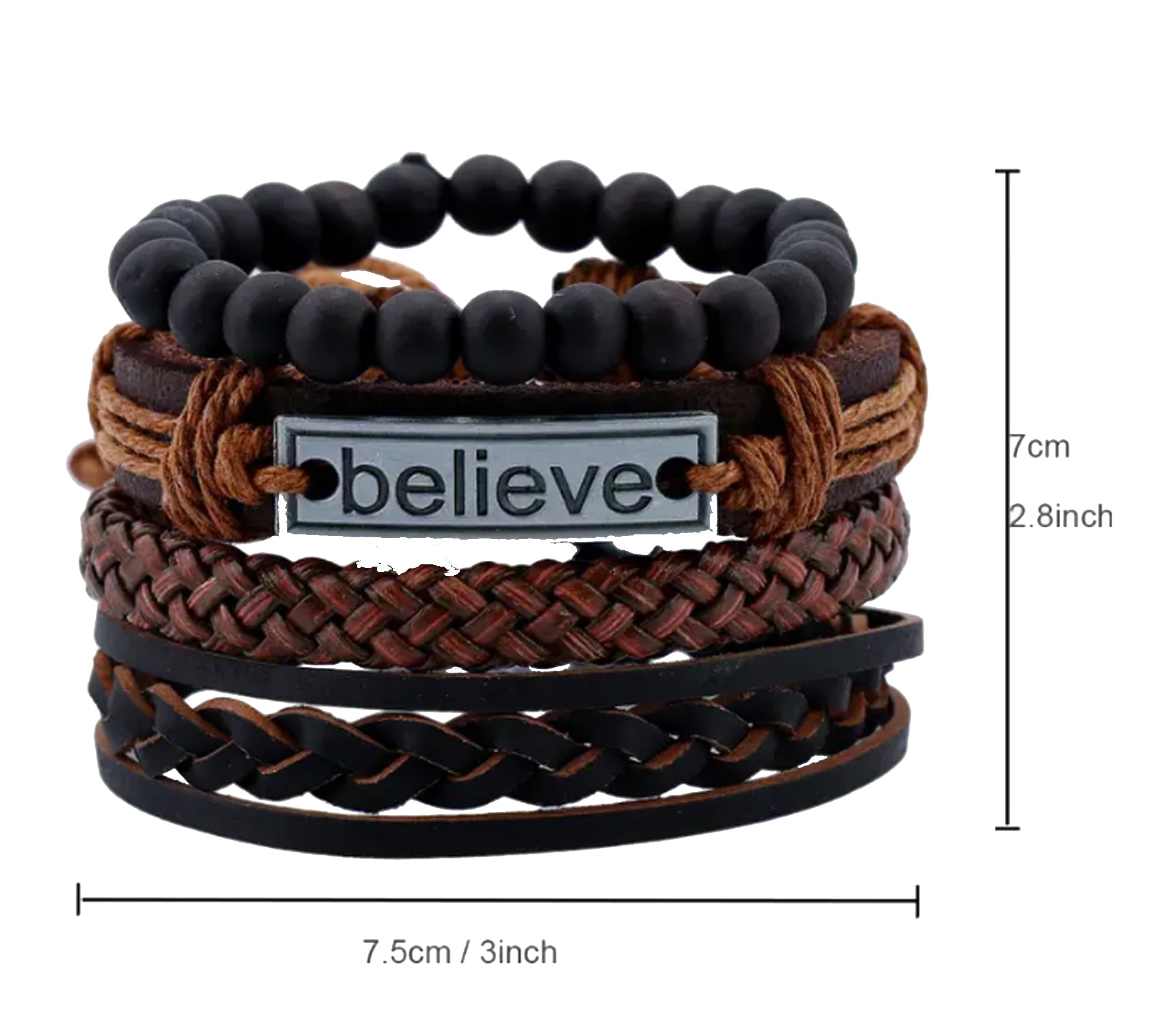 Positive Affirmation "Believe" Stacked Leather Woven Bracelets