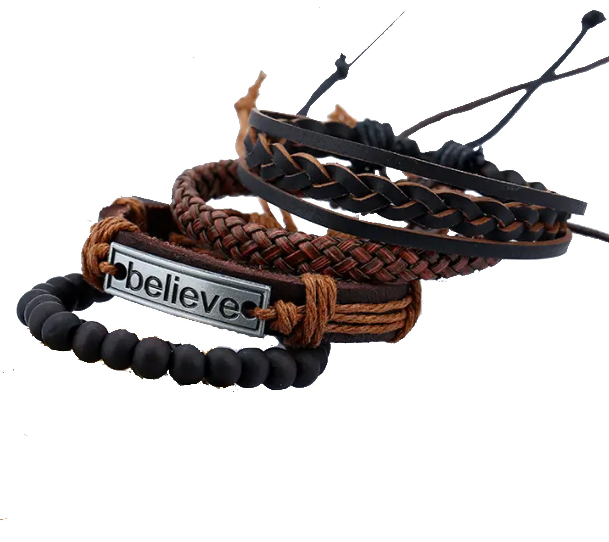 Positive Affirmation "Believe" Stacked Leather Woven Bracelets