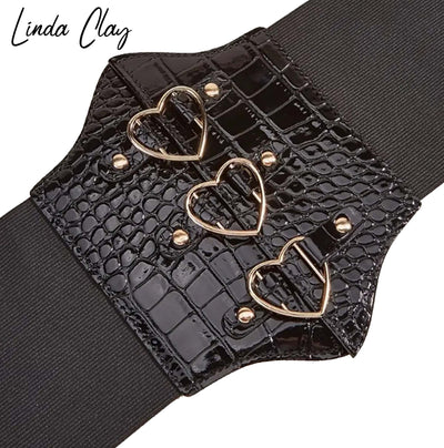 Triple Hearts Croc Embossed Gold Heart Pattern Black Corset Belt Vintage Cinch Elastic Waist/Under bust Belt
