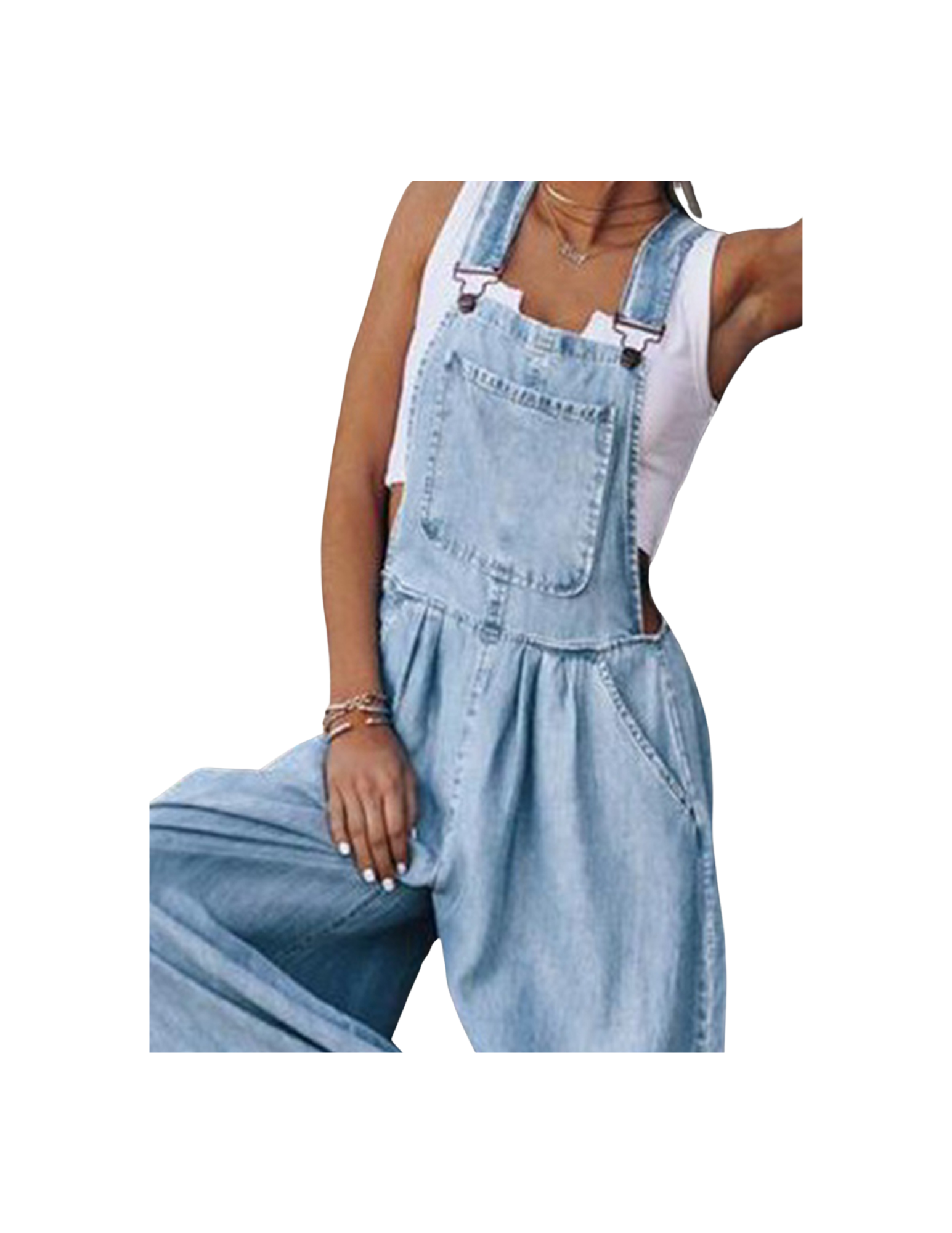 Stylish Wide Leg Light Blue Denim Overalls Romper Jumpsuit (S-2XL)