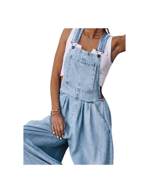 Stylish Wide Leg Light Blue Denim Overalls Romper Jumpsuit (S-2XL)