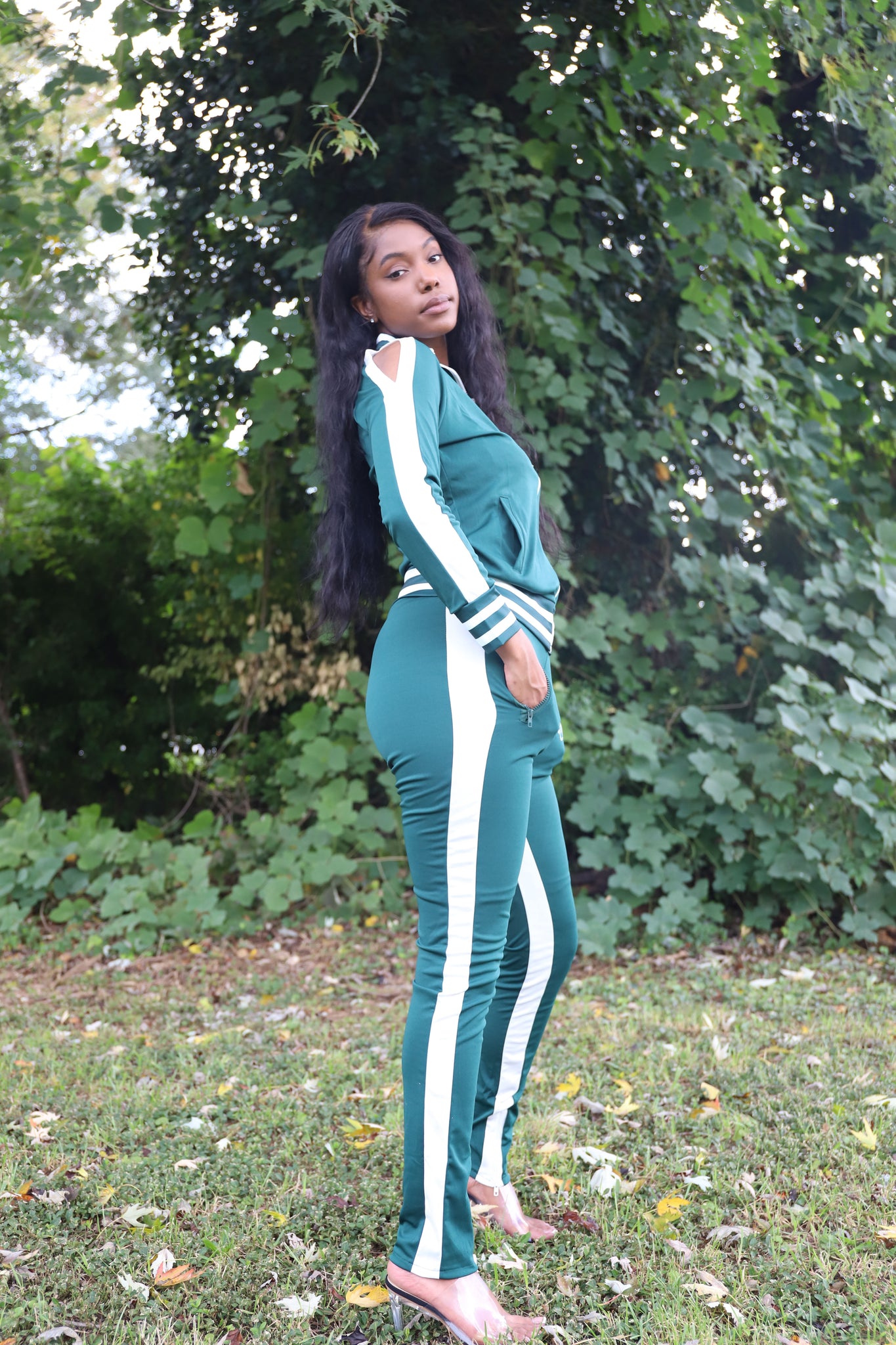 2 Piece Women's Tracksuit with Cold Shoulder Design and Pockets.