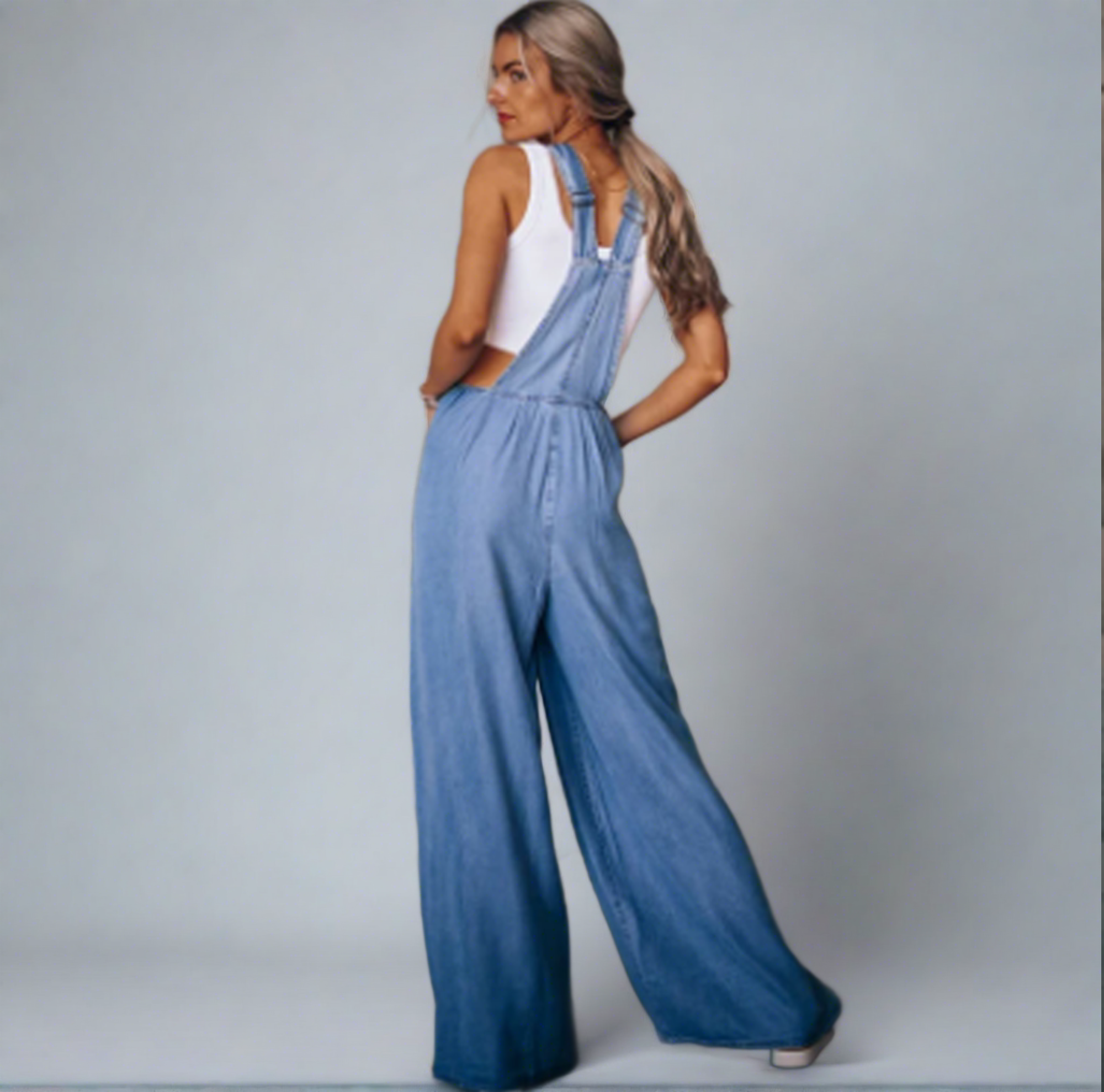 Stylish Wide Leg Light Blue Denim Overalls (M-2XL)