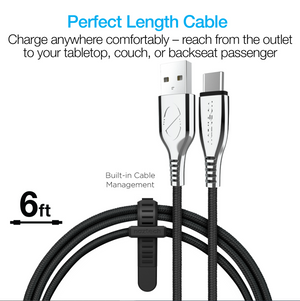 TITANIUM Fast Charge USB to USB-C Braided Cable | 6ft | Black with FREE USB C 3.1 Type C Female to USB 3.0 Type A Male Port Converter Adapter