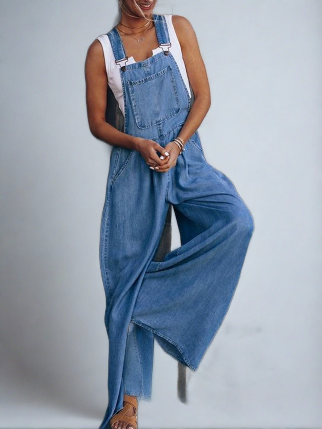 Stylish Wide Leg Light Blue Denim Overalls Romper Jumpsuit (S-2XL)