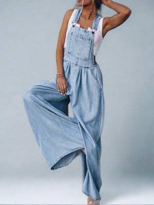 Stylish Wide Leg Light Blue Denim Overalls Romper Jumpsuit (S-2XL)