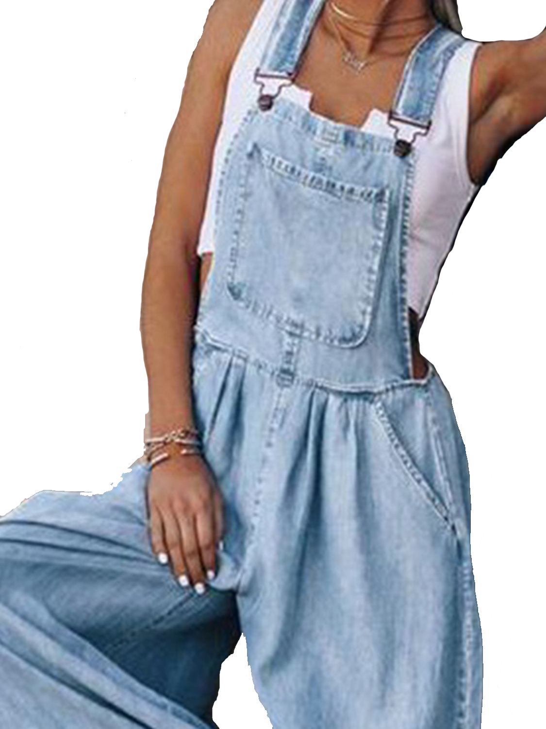 Stylish Wide Leg Light Blue Denim Overalls Romper Jumpsuit (S-2XL)