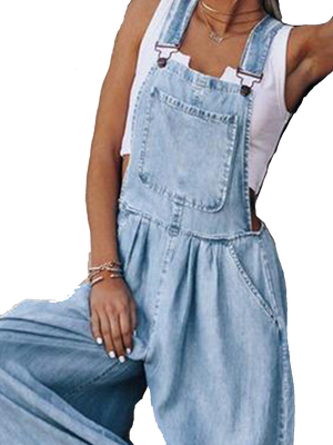 Stylish Wide Leg Light Blue Denim Overalls Romper Jumpsuit (S-2XL)