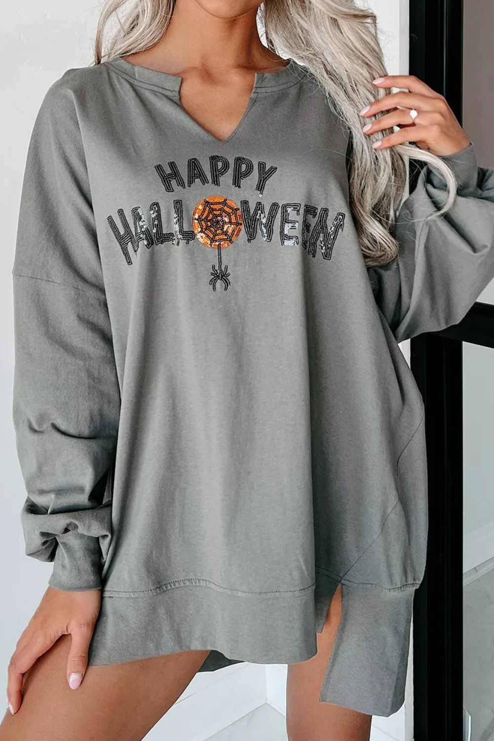 Sequin Letter Happy Halloween Graphic Notched Long Sleeve Sweatshirt