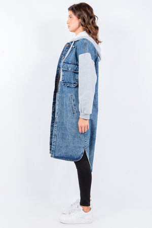 American Bazi Contrast Longline Hooded Denim Jacket