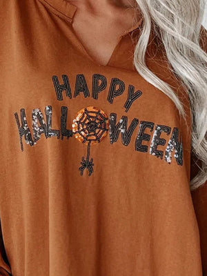 Sequin Letter Happy Halloween Graphic Notched Long Sleeve Sweatshirt