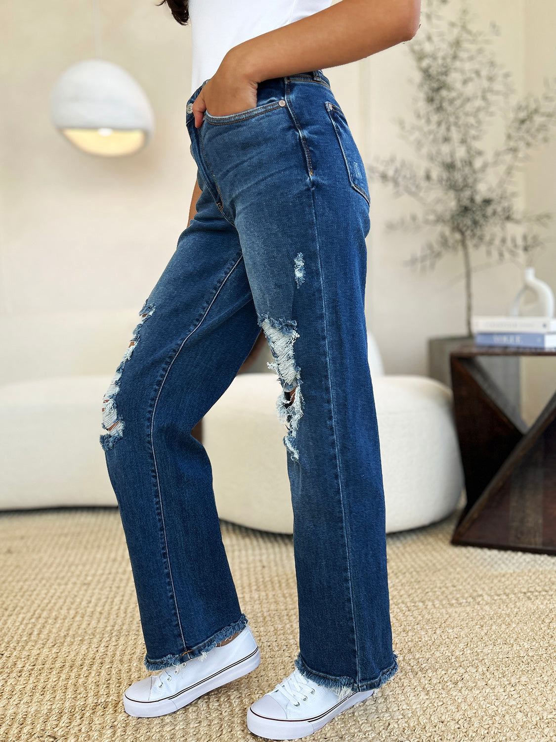 Judy Blue Full Size Mid Rise Distressed Raw Hem Jeans (PLUS SIZES)