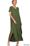 Tall woman with ponytail wearing Army Green colored Maxi dress with slit down side from knee to ankles