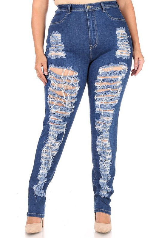 PLUS SIZE CURVY WOMEN'S HIGH WAIST DISTRESSED STRETCH JEANS