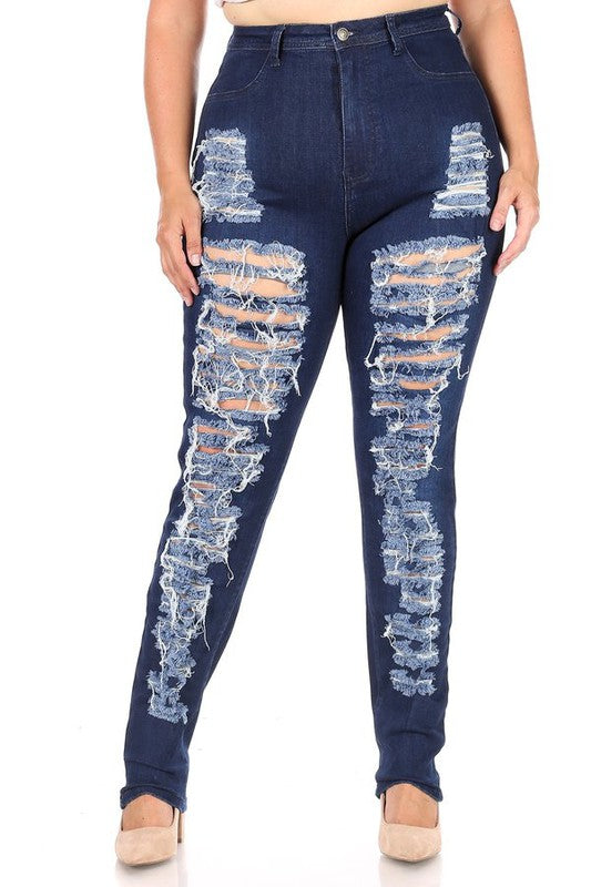 PLUS SIZE CURVY WOMEN'S HIGH WAIST DISTRESSED STRETCH JEANS