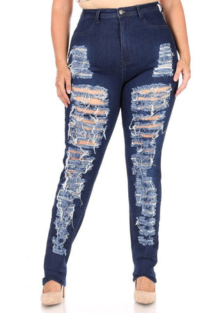 PLUS SIZE CURVY WOMEN'S HIGH WAIST DISTRESSED STRETCH JEANS