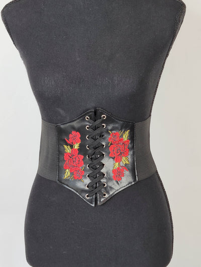 Black with Red Roses Under Bust Corset Belt, Vintage Retro Corset, Elastic Waist Corset, Body Slimming Wide Belts, Cinch Belt