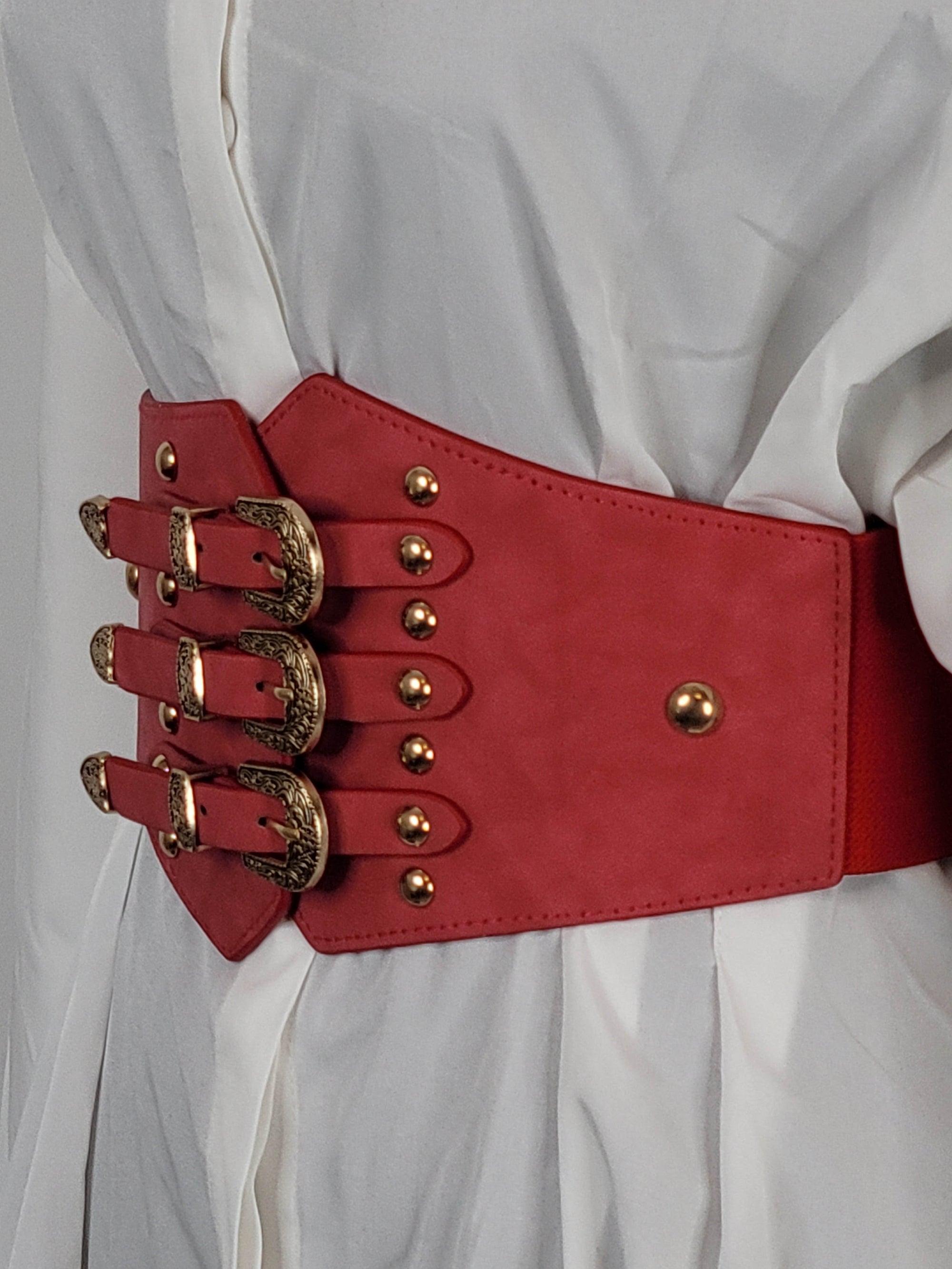 Brown Leather Corset Belt With Three Buckles Wide Adjustable Waist