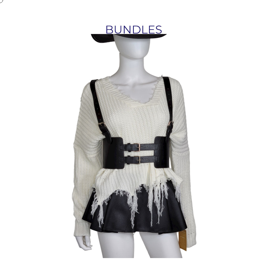 Leather Vintage Style Suspender Belt,  Women's Peplum Corset Skirt belt and Distressed Knit Sweater Bundles