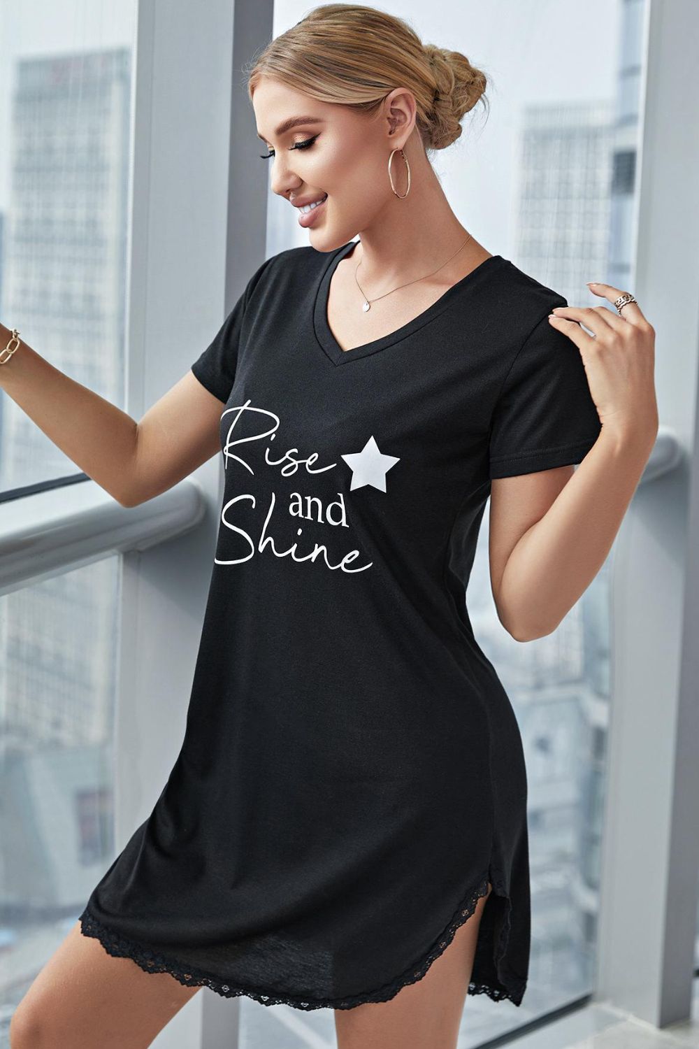 RISE AND SHINE Comfy Nightwear Contrast Lace V-Neck T-Shirt Dress Sleepwear