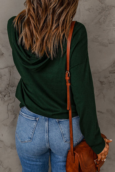 Green Dropped Shoulder Drawstring Hooded Knit Top/ Sweater