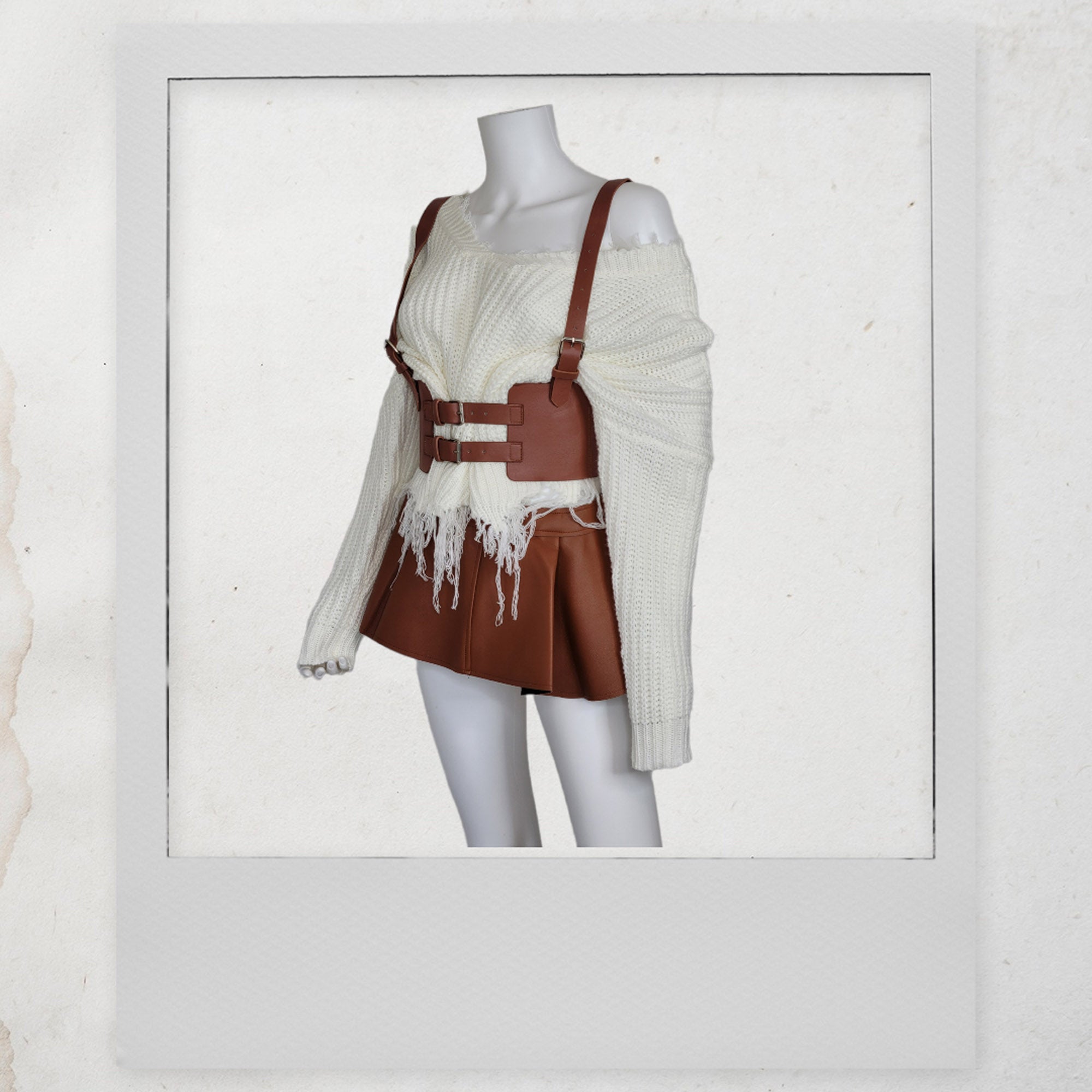 Leather Vintage Style Suspender Belt,  Women's Peplum Corset Skirt belt and Distressed Knit Sweater Bundles