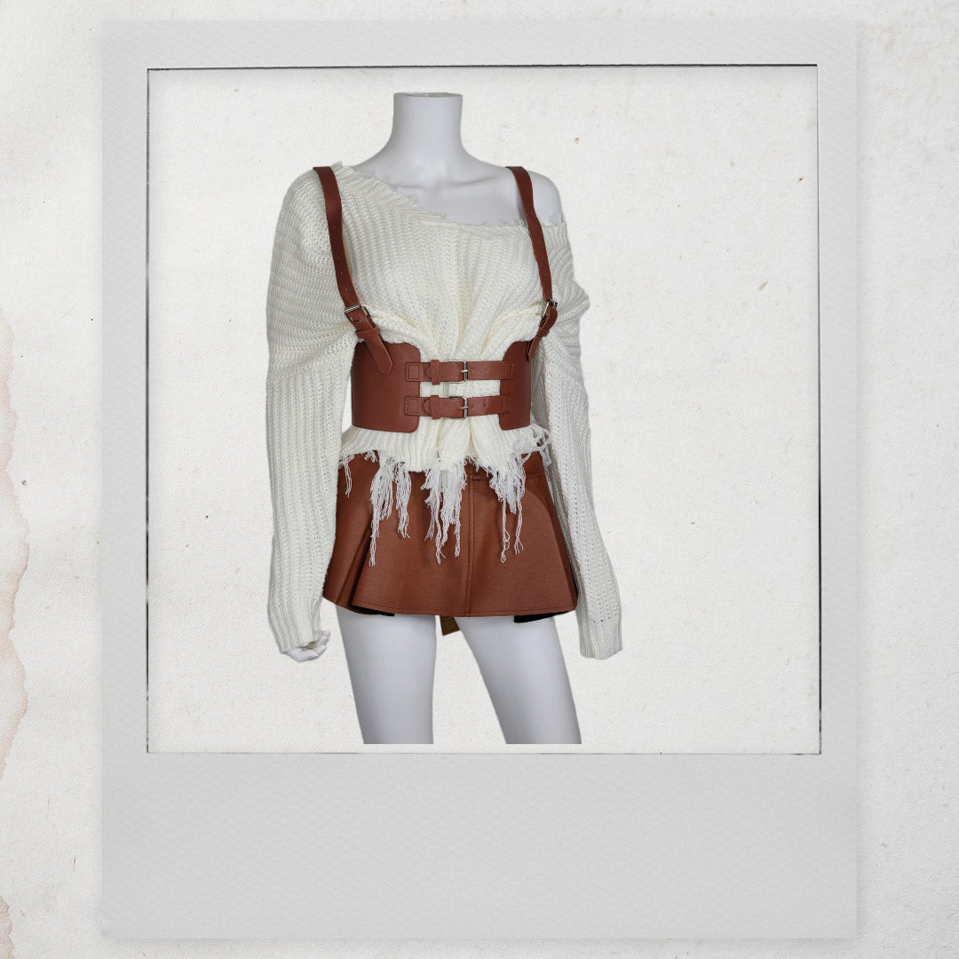 Leather Vintage Style Suspender Belt,  Women's Peplum Corset Skirt belt and Distressed Knit Sweater Bundles