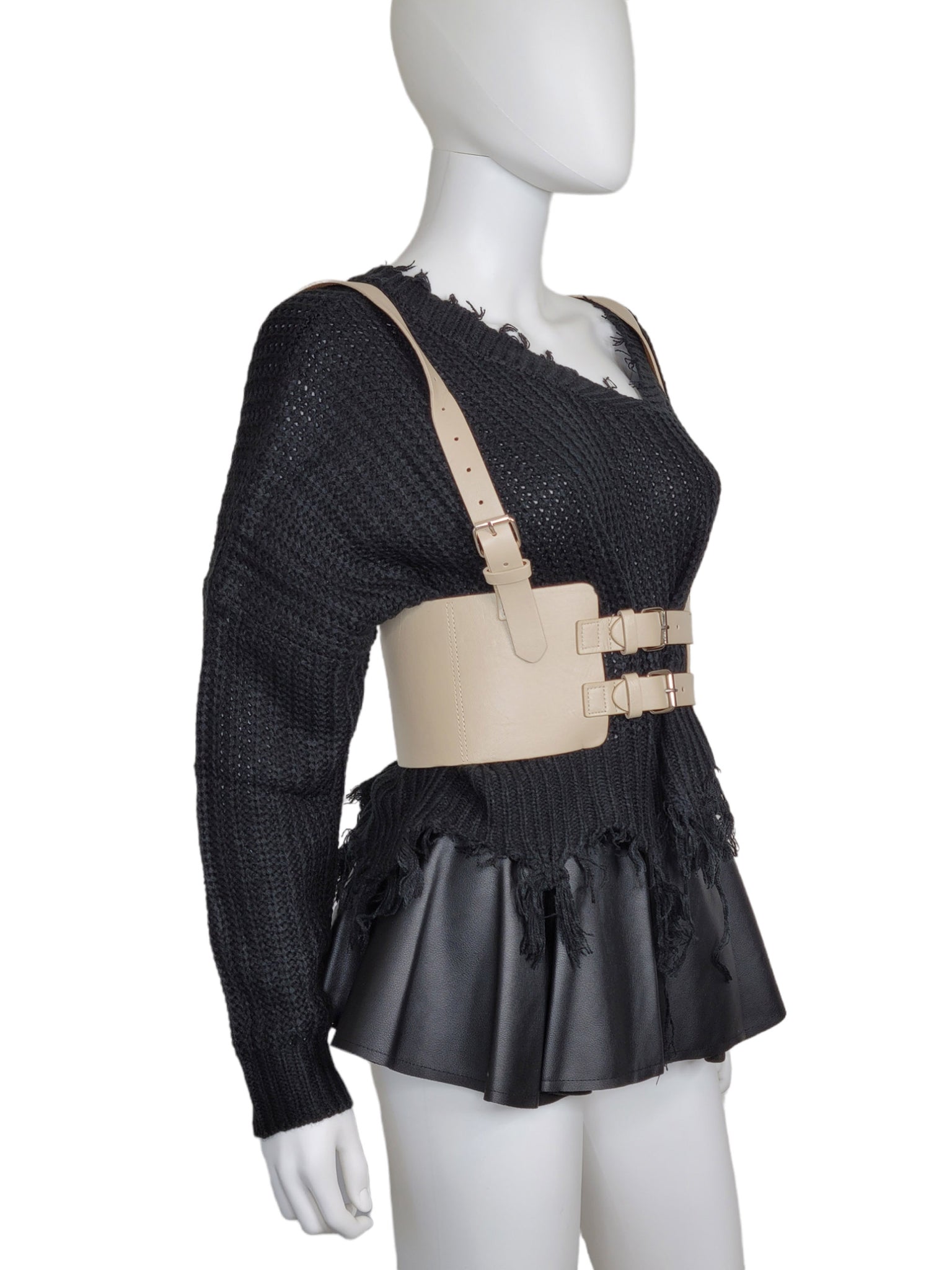 Leather Vintage Style Suspender Belt,  Women's Peplum Corset Skirt belt and Distressed Knit Sweater Bundles