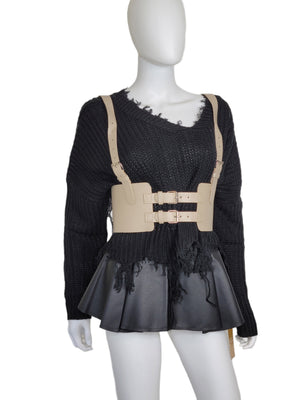 Leather Vintage Style Suspender Belt,  Women's Peplum Corset Skirt belt and Distressed Knit Sweater Bundles