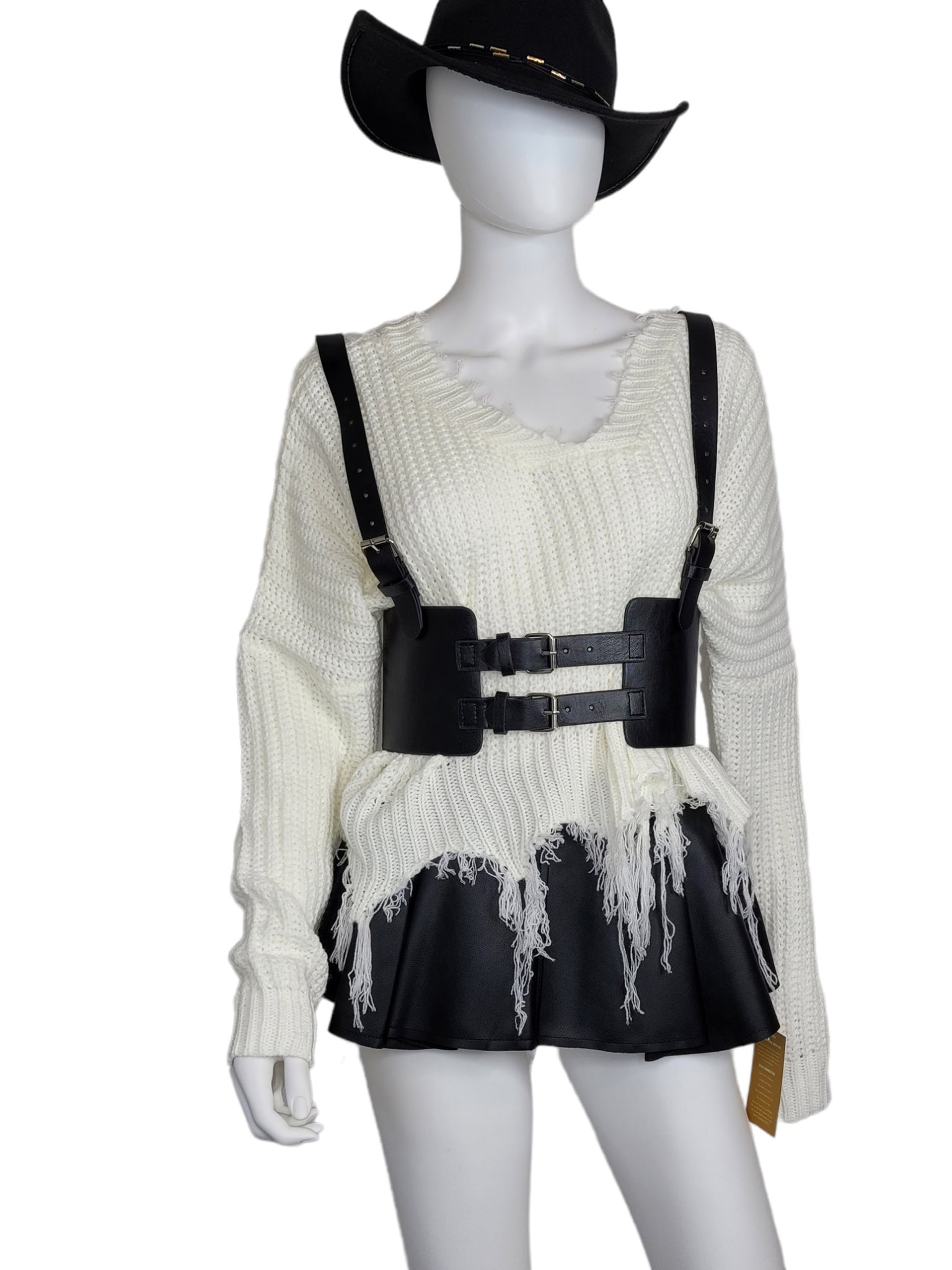 Leather Vintage Style Suspender Belt,  Women's Peplum Corset Skirt belt and Distressed Knit Sweater Bundles