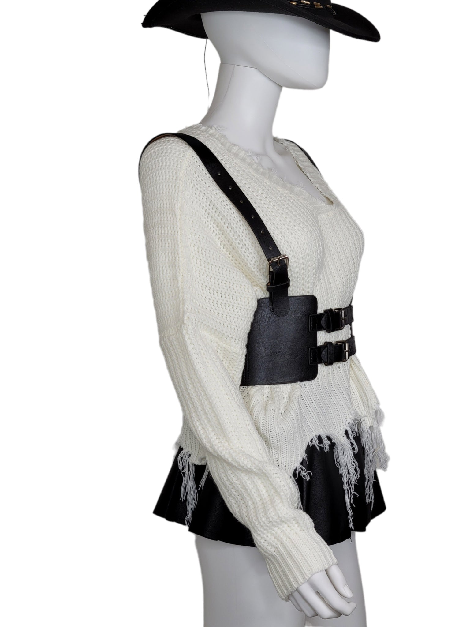 Leather Vintage Style Suspender Belt,  Women's Peplum Corset Skirt belt and Distressed Knit Sweater Bundles
