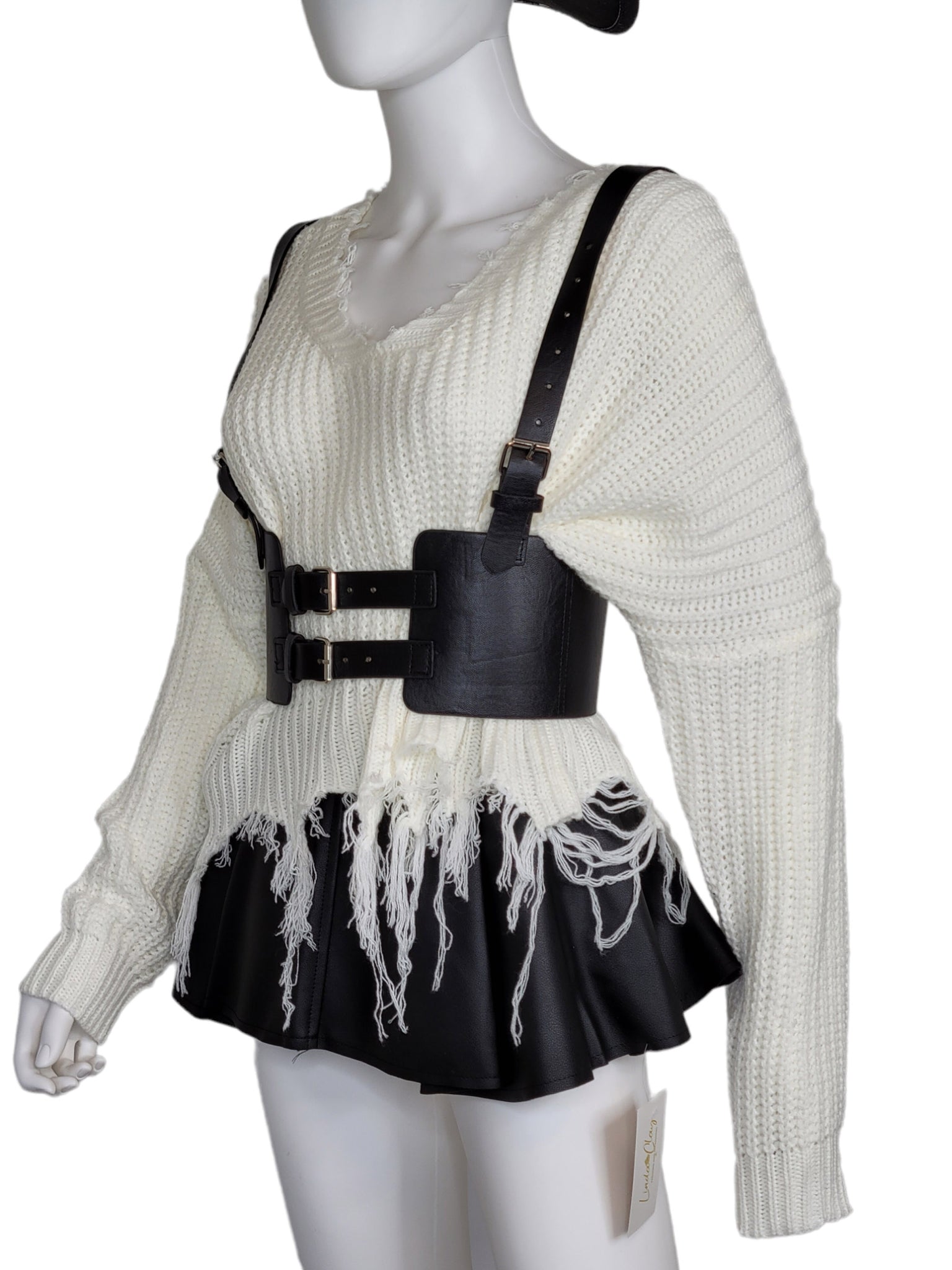 Leather Vintage Style Suspender Belt,  Women's Peplum Corset Skirt belt and Distressed Knit Sweater Bundles