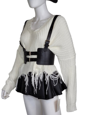 Leather Vintage Style Suspender Belt,  Women's Peplum Corset Skirt belt and Distressed Knit Sweater Bundles