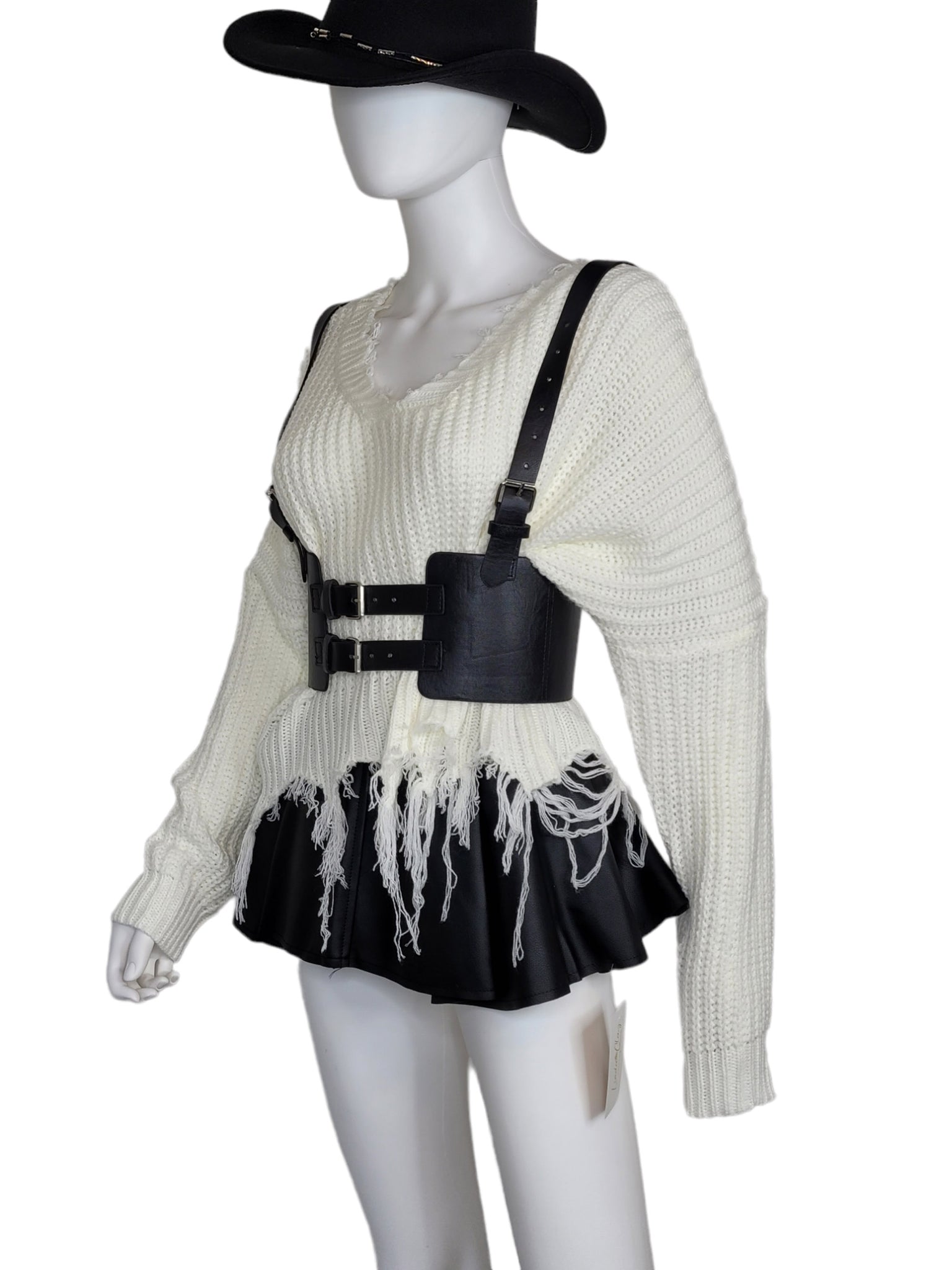 Leather Vintage Style Suspender Belt,  Women's Peplum Corset Skirt belt and Distressed Knit Sweater Bundles