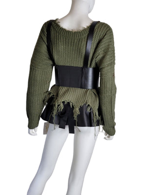 Leather Vintage Style Suspender Belt,  Women's Peplum Corset Skirt belt and Distressed Knit Sweater Bundles