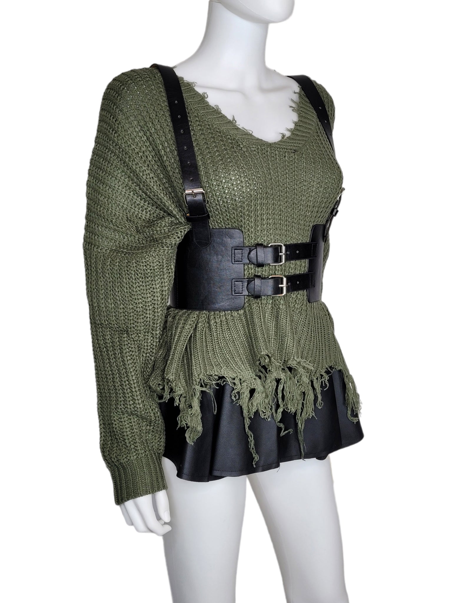 Leather Vintage Style Suspender Belt,  Women's Peplum Corset Skirt belt and Distressed Knit Sweater Bundles