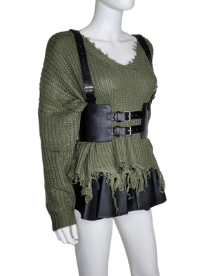 Leather Vintage Style Suspender Belt,  Women's Peplum Corset Skirt belt and Distressed Knit Sweater Bundles