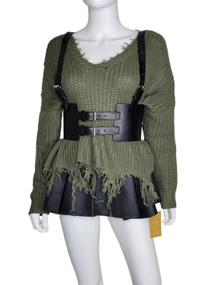 Leather Vintage Style Suspender Belt,  Women's Peplum Corset Skirt belt and Distressed Knit Sweater Bundles