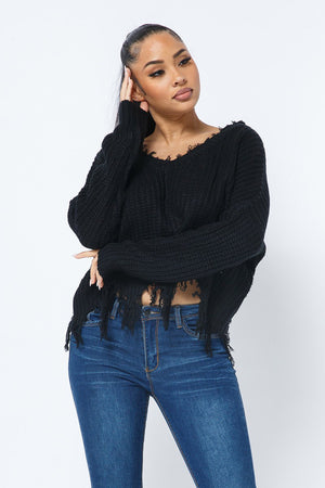 Women's V-Neck Long Sleeve Cropped Distressed Sweater